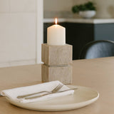 Candle Holder - Ivory Marble Stacked Cubes Pillar, 6 in.