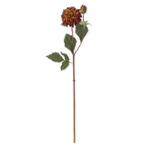 26 Inch Faux Dried Burgundy w/Yellow Bud & Blossom Dahlia Stem