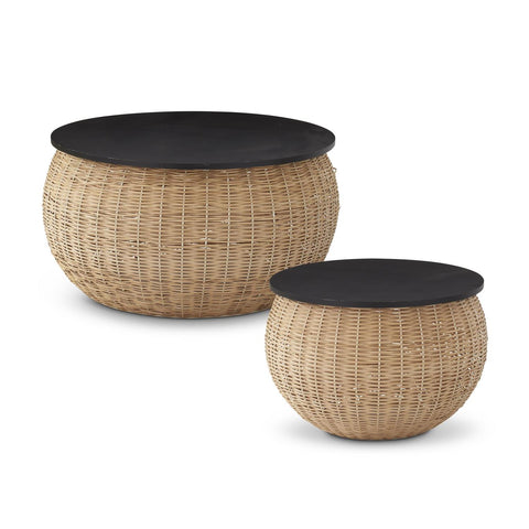 Woven Cane & Black Wood Top Nesting Side Tables