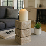 Candle Holder - Ivory Marble Stacked Cubes Pillar, 8 in.