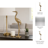 Figurine - Gold Metal Standing Crane Gleaming Finish, 16 in.
