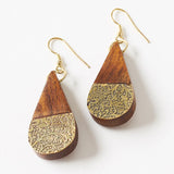 Earth and Fire Teardrop Earrings - Wood, Etched Brass