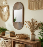 Wall Mirror - Brown Wood Glass Arched Oval Hanging, 34 in.