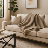 Khaki Chunky Knit Pom Pom Throw Blanket