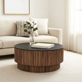 Coffee Table | 34" Round Black Top | Brown Mango Wood