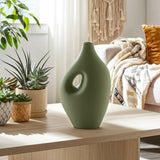 Ceramic Open Center Nomadic Handle Vase - Dark Sage, 12 in.