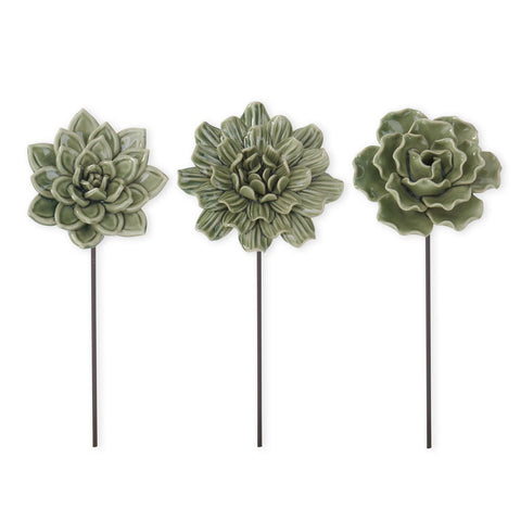 ASSORTED 9.25 INCH GREEN RESIN FLOWER PICKS (3 STYLES)