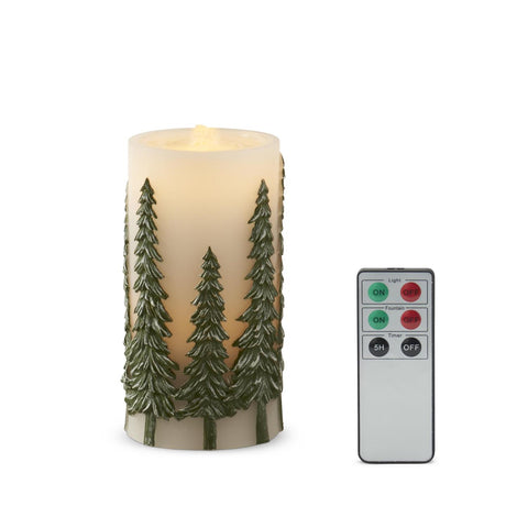 7.75 Inch Green Embossed Trees LED Water Candle w/Timer & Remote