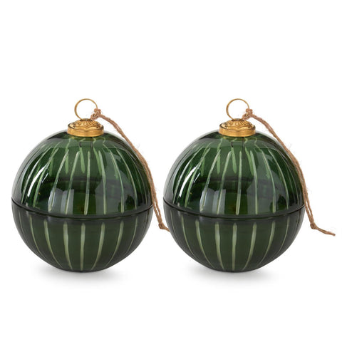 Assorted 5 Inch Green Etched Glass Filled Ornament Candles (2 Scents)
