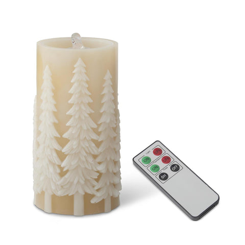 7.75 Inch Tan Embossed Trees LED Water Candle w/Timer & Remote
