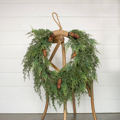 28" CEDAR & CONES HANGING WREATH