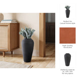 Black 16 in. Terracotta Round Ribbed Floor Vase