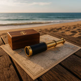 Small Brass Nautical Telescope with Pull-Out Wooden Box