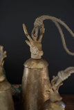 SET OF 3 ANTIQUE GOLD METAL CHRISTMAS BELLS W DEER FINIALS