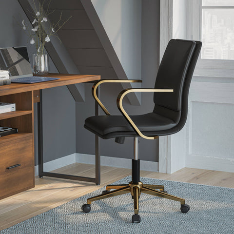 Black LeatherSoft Office Chair with Gold Arms