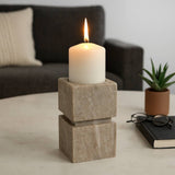 Candle Holder - Ivory Marble Stacked Cubes Pillar, 6 in.