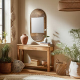 Wall Mirror - Brown Wood Glass Arched Oval Hanging, 34 in.