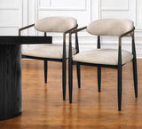 Beige And Black Upholstered Fabric Open Back Dining Arm Chairs